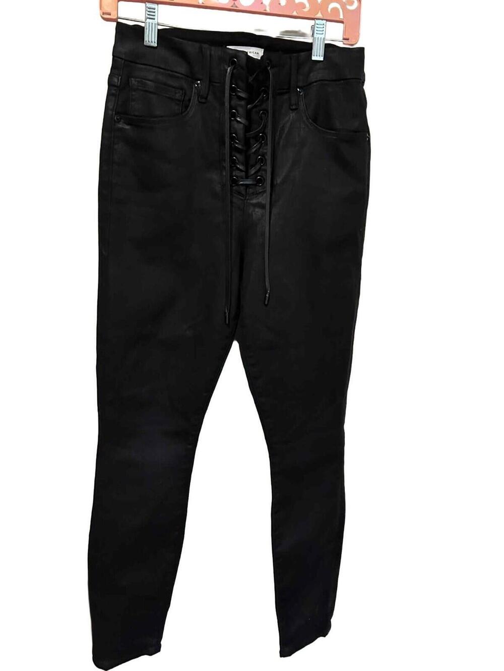 Good American Women’s Size 8 Shiny Black Denim Lace Up Good Legs Jeans High Rise